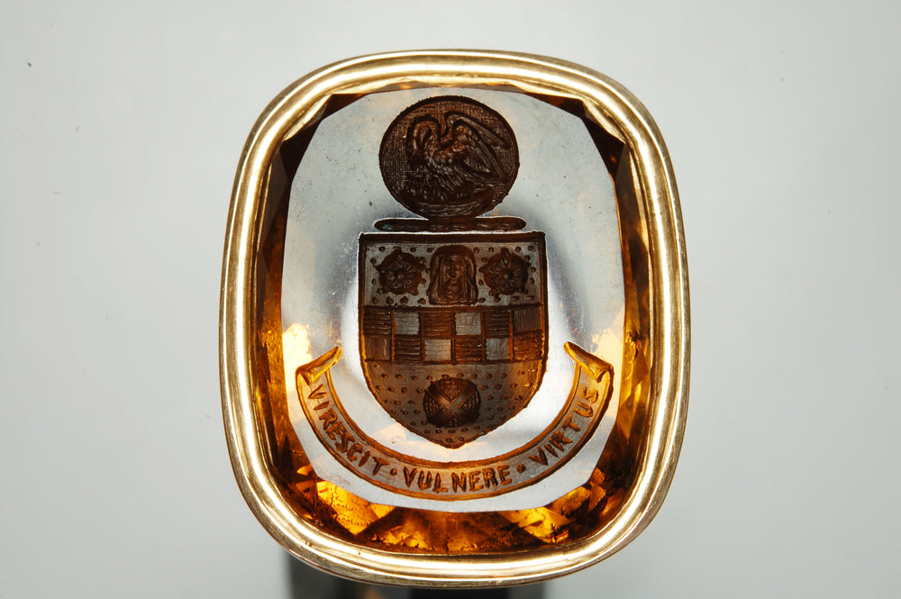 Scottish Stewart Clan Gold Mounted Citrine Armorial Desk Seal - Virescit Vulnere Virtus