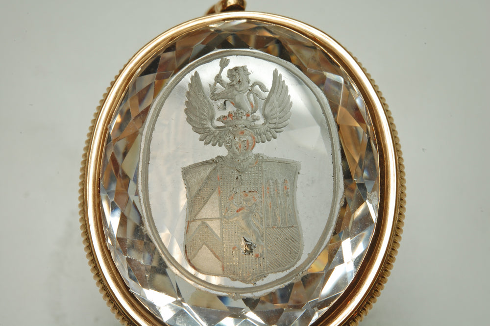 Early 19thC Continental Gilt and Crystal Armorial Spinning Fob Seal & Pendant