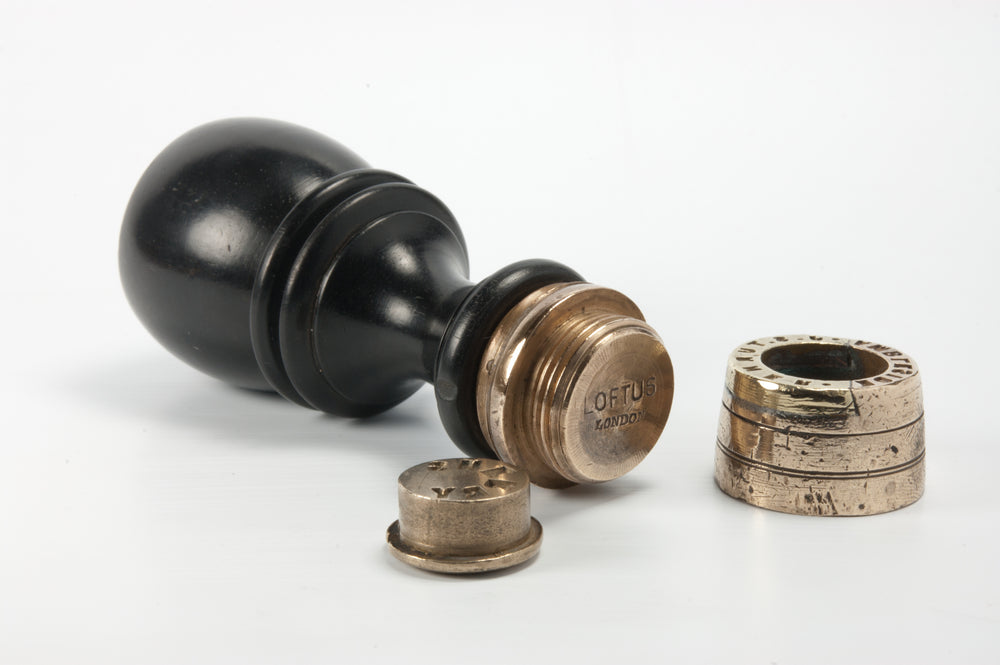 Early Ebony Brass Vitners / Ambleside Interchangeable Desk Seal - 7x Alcohol Matrices