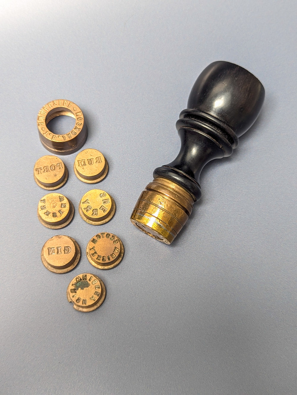 Early Ebony Brass Vitners / Ambleside Interchangeable Desk Seal - 7x Alcohol Matrices