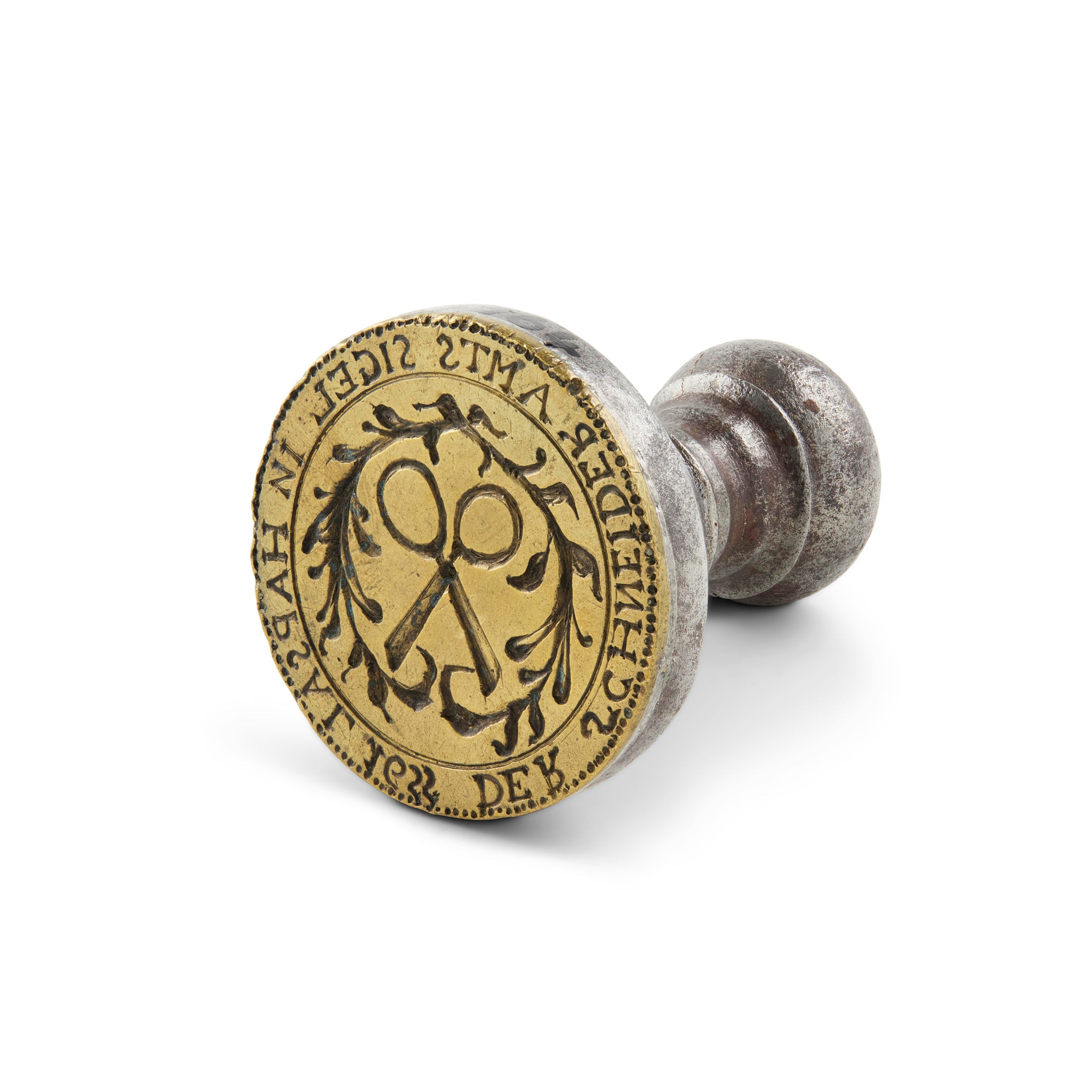 AN ESTONIAN TAILOR'S GUILD SEAL A 17TH CENTURY STEEL AND BRASS DESK SEAL