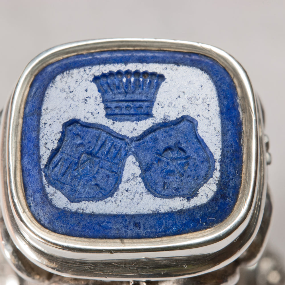 19thC Continental Lapis & Silver Double Matrices Count's Armorial Desk Seal