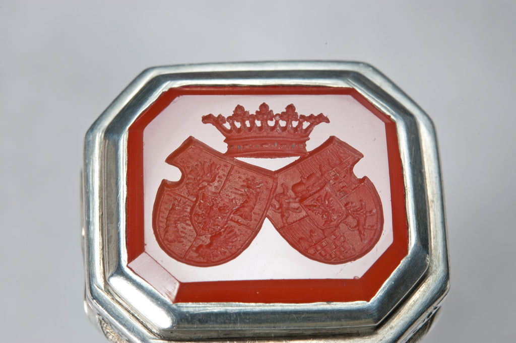 19THC ALLIANCED ARMORIAL SILVER, GILT AND JEWELLED DESK SEAL