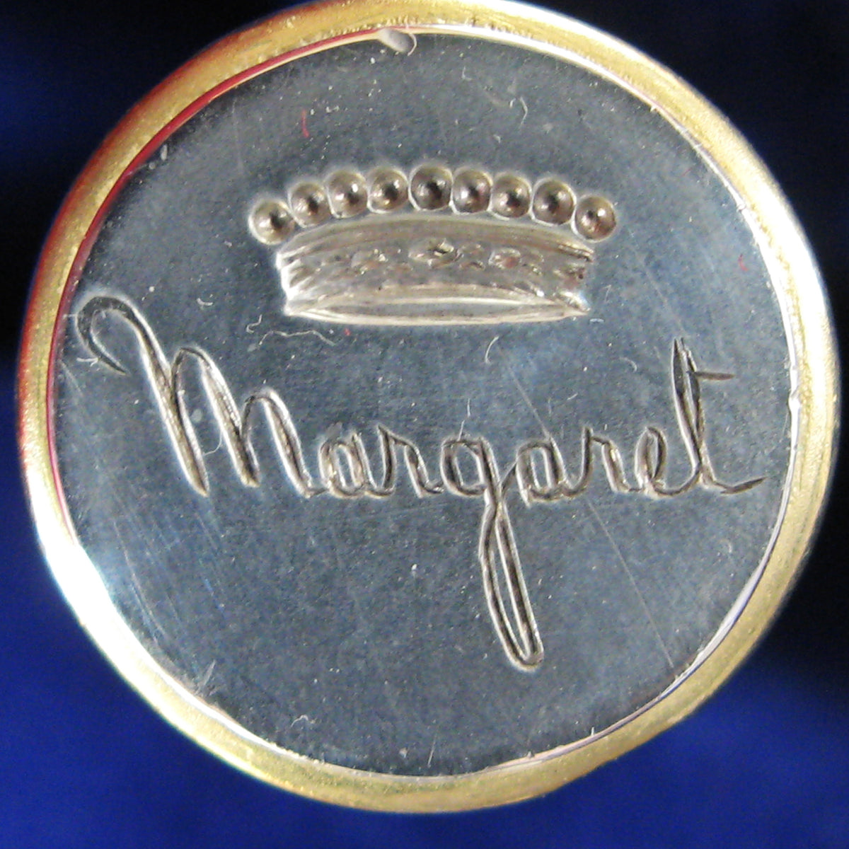 Detail of silver wax seal matrix with name Margaret