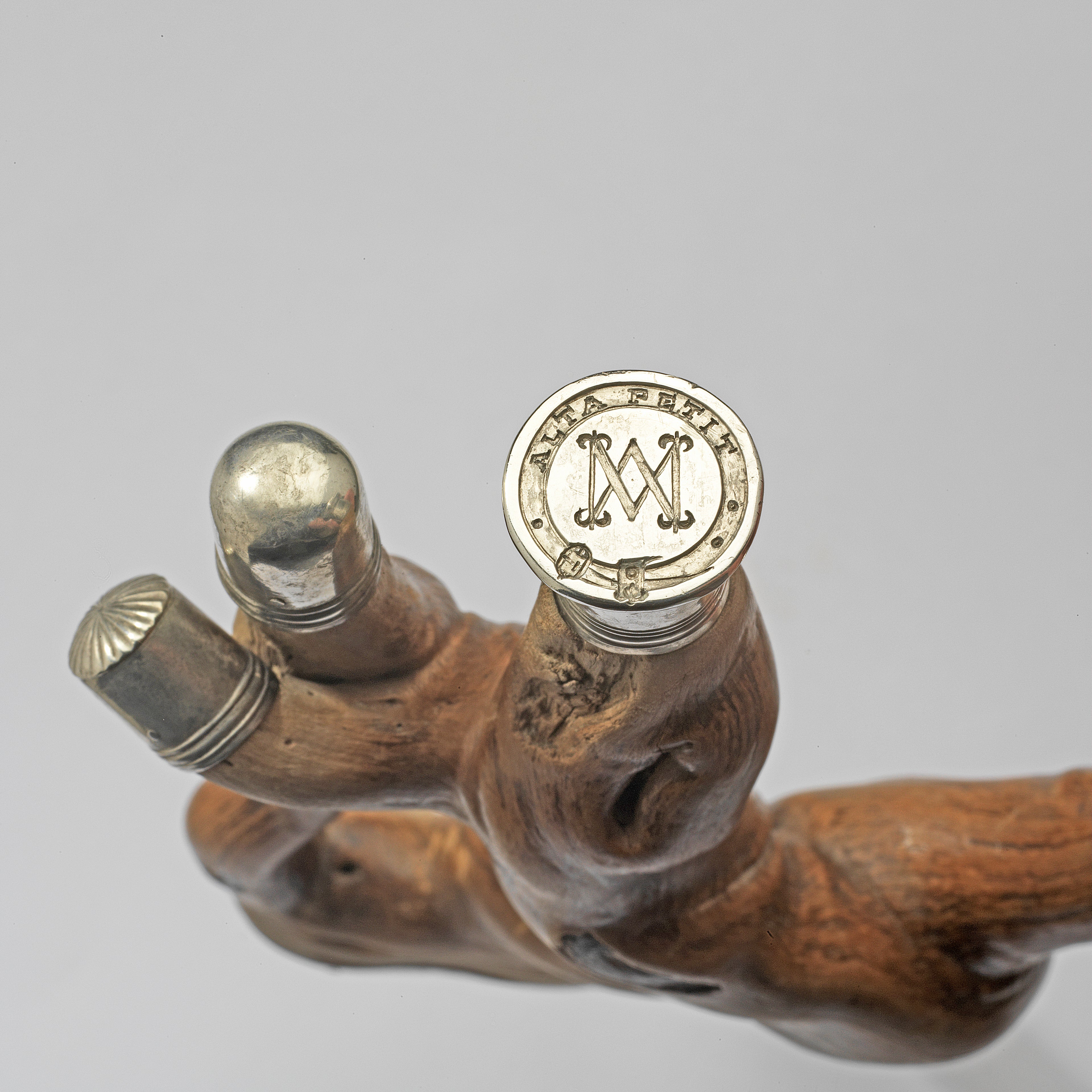 A WHIMSICAL SILVER-MOUNTED ROOTWOOD EXTRAVAGANZA INCORPORATING TWO SEAL MATRICES