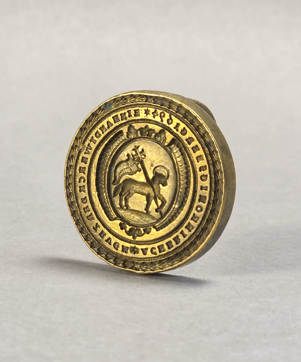 A BALTIC / RUSSIAN CLOTHMAKER SEAL A 17TH CENTURY LAMB OF GOD BRASS DESK SEAL