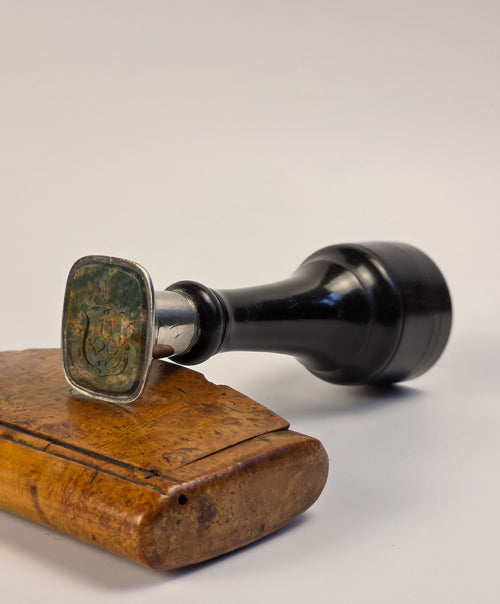 EARLY 19THC ENGLISH EBONY & SILVER ARMORIAL DESK SEAL FOR THE GORHAM FAMILY