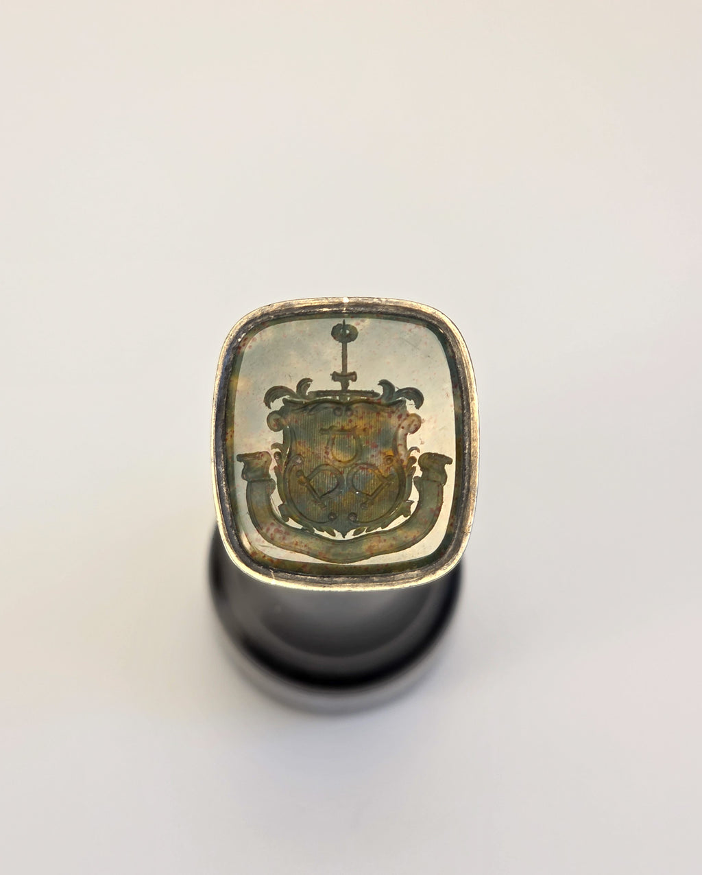 EARLY 19THC ENGLISH EBONY & SILVER ARMORIAL DESK SEAL FOR THE GORHAM FAMILY