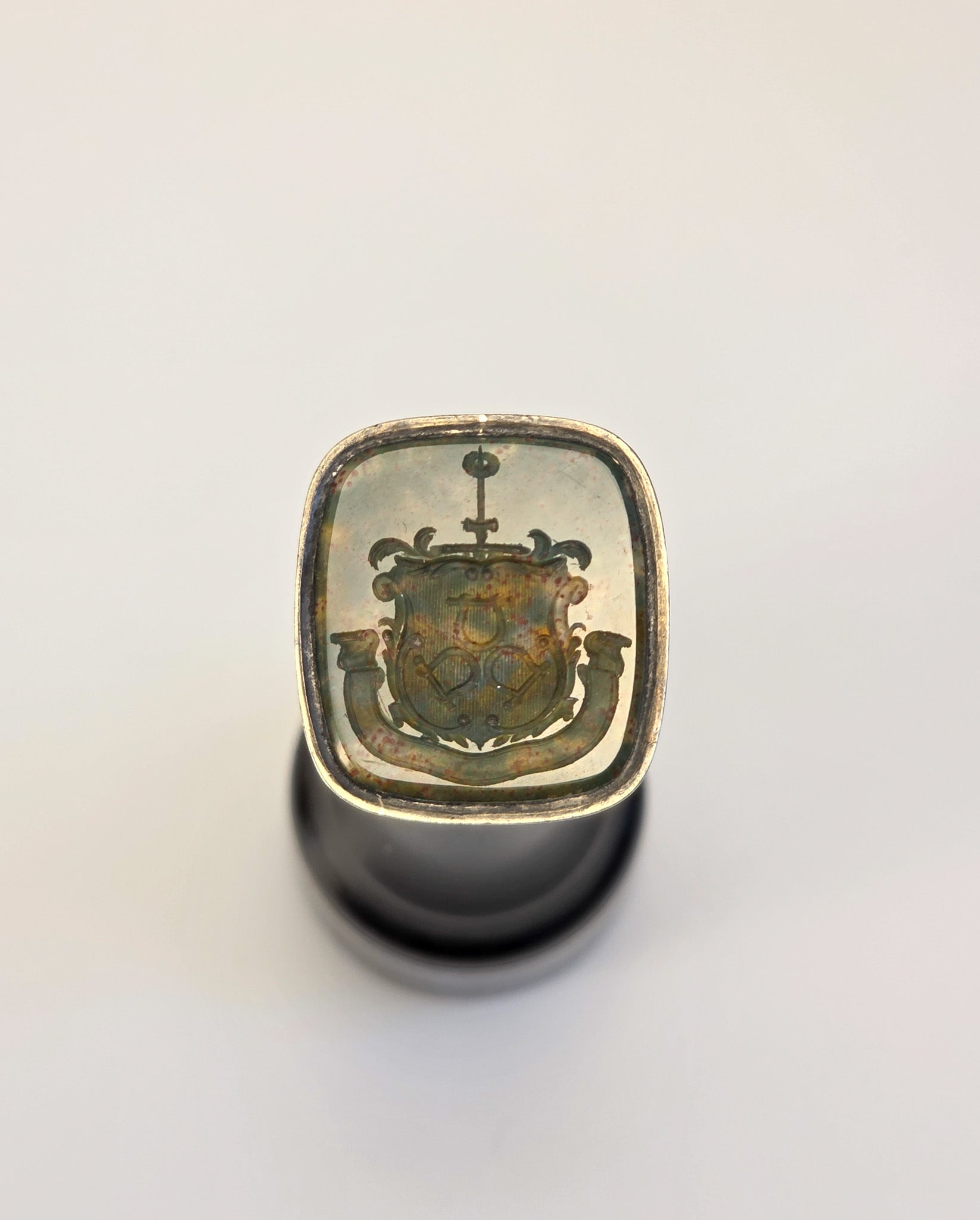 EARLY 19THC ENGLISH EBONY & SILVER ARMORIAL DESK SEAL FOR THE GORHAM FAMILY