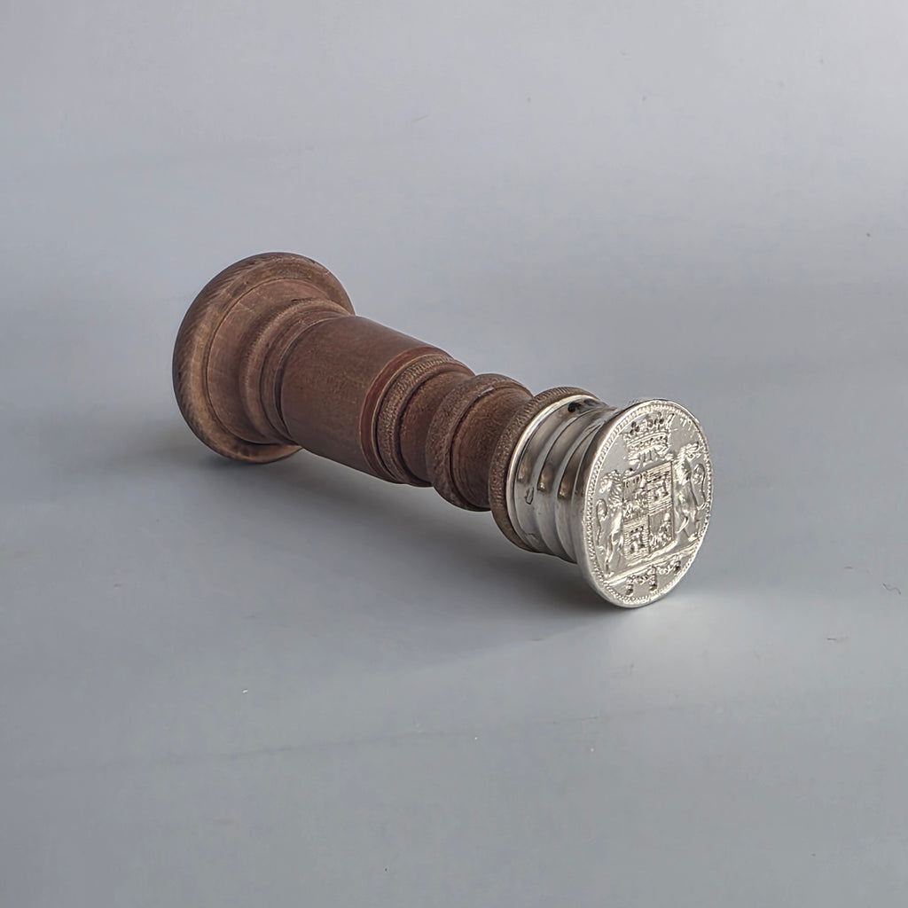 SILVER AND WOOD FRENCH MARQUIS' ARMORIAL DESK SEAL