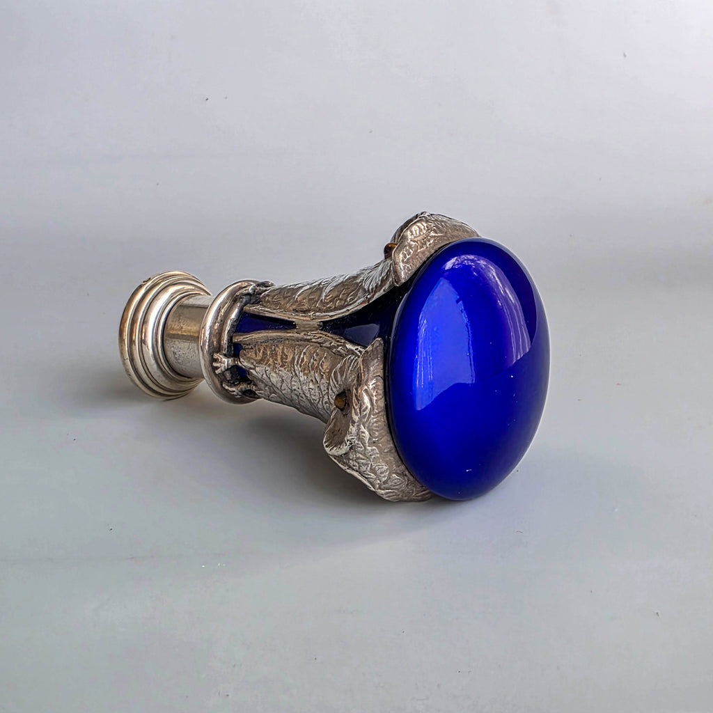 A SILVER & ENAMEL GEORGE SCHEID OWL FIGURINE DESK SEAL