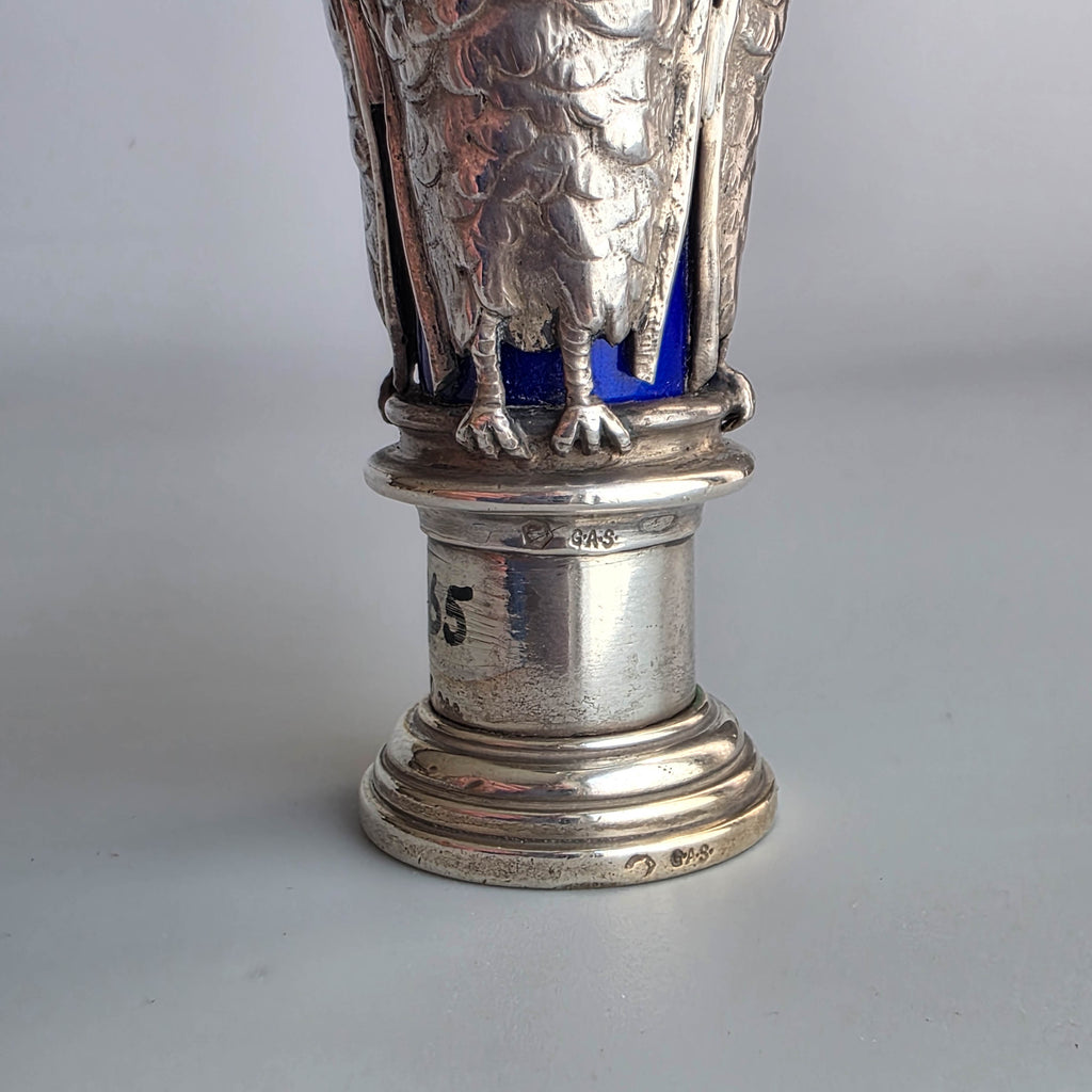 A SILVER & ENAMEL GEORGE SCHEID OWL FIGURINE DESK SEAL
