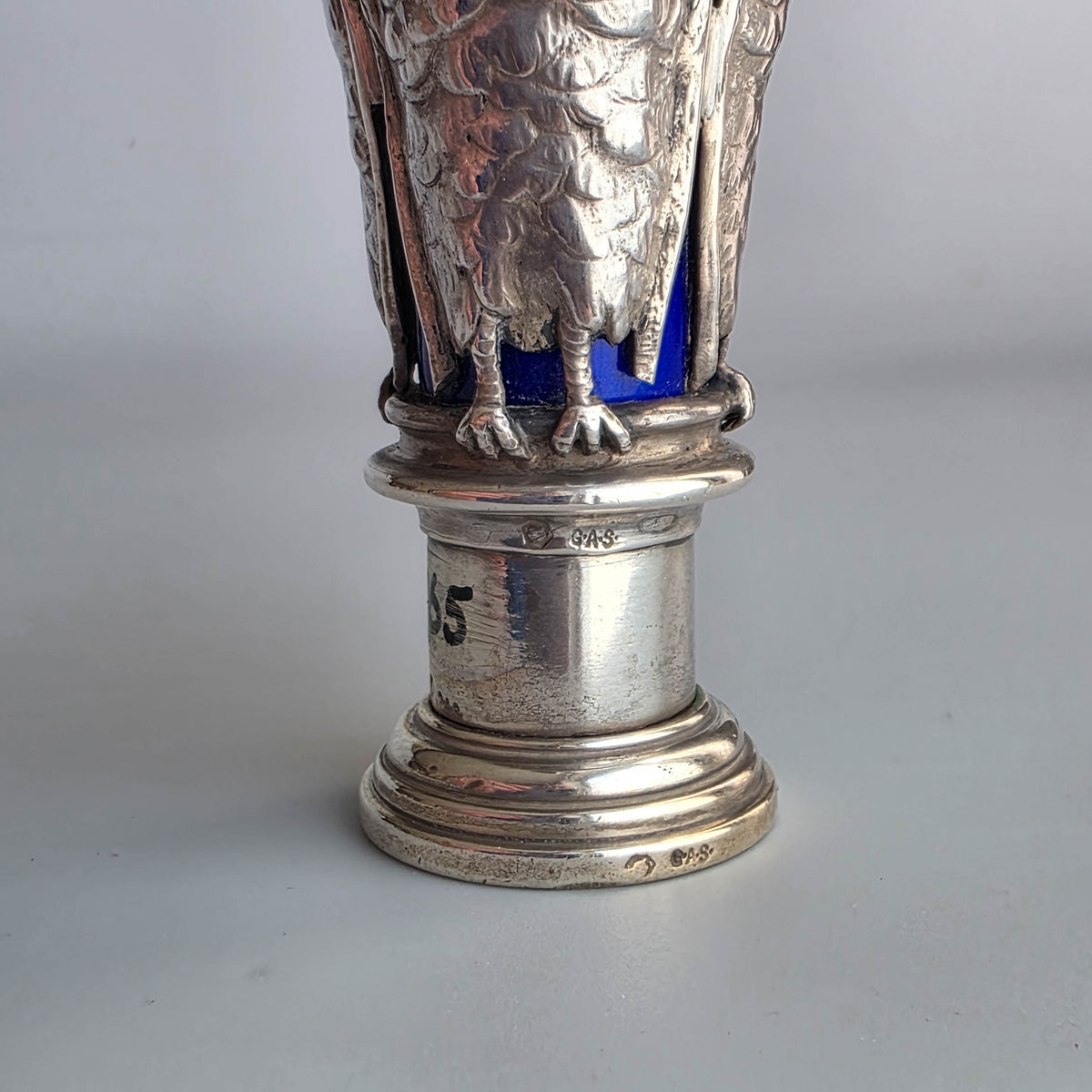 A SILVER & ENAMEL GEORGE SCHEID OWL FIGURINE DESK SEAL