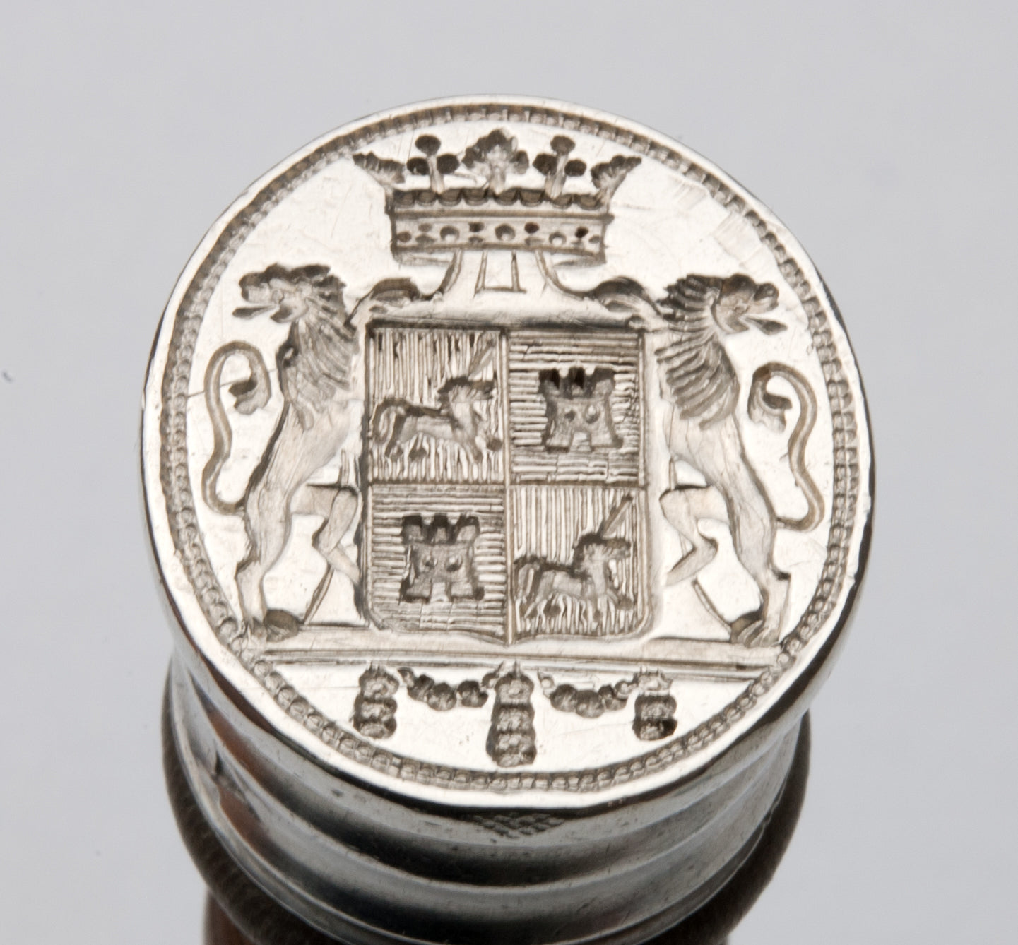 SILVER AND WOOD FRENCH MARQUIS' ARMORIAL DESK SEAL