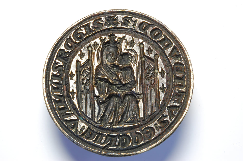 Bronze Medieval Style Virgin with Child Inscription Desk Seal