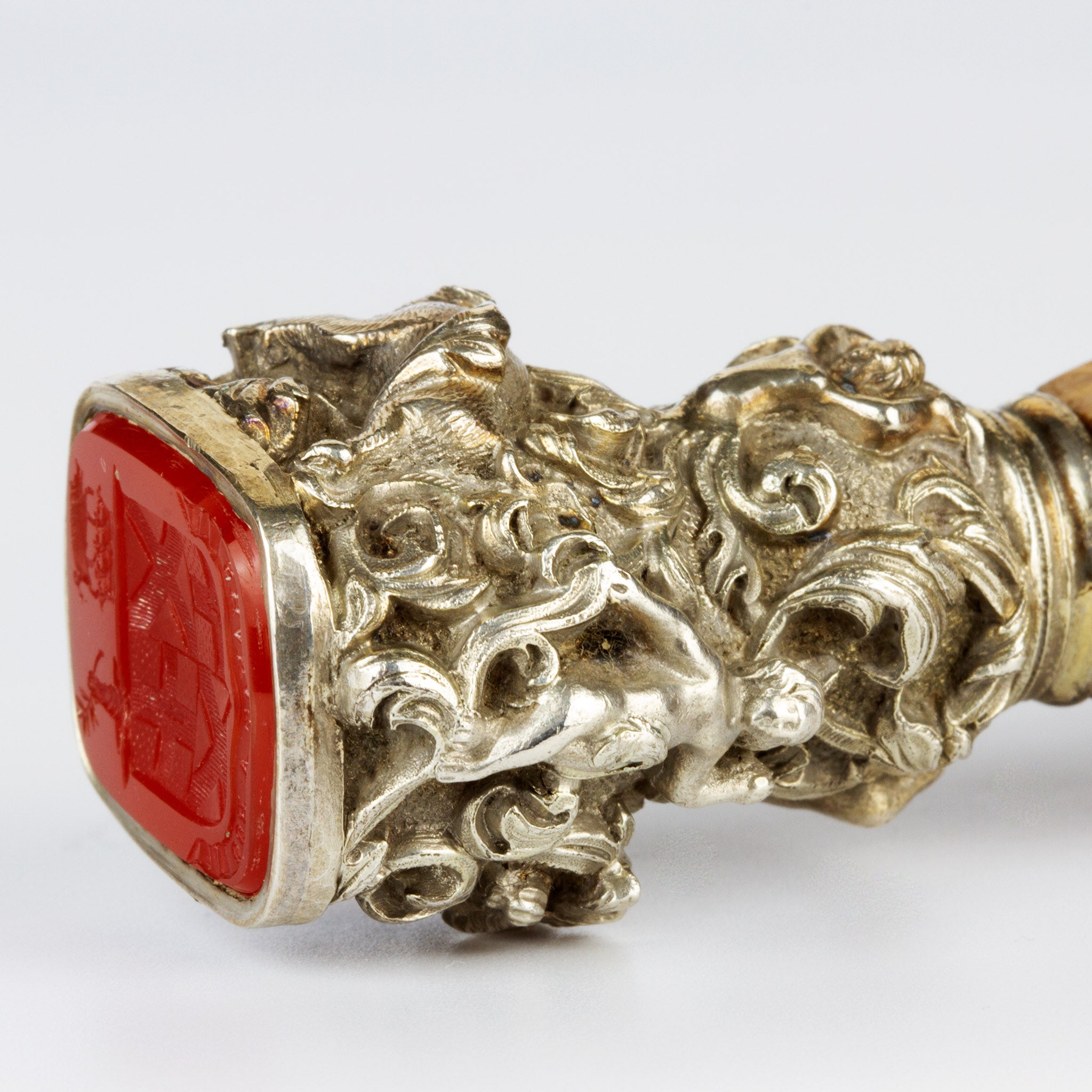 Detail of cast silver mount on antique wax seal
