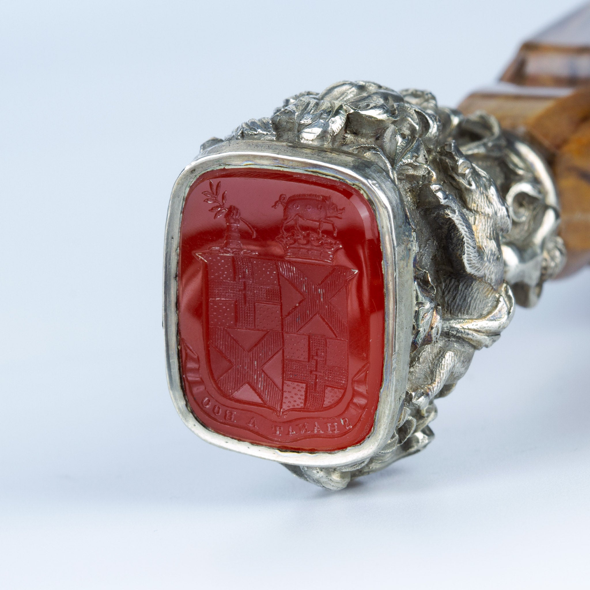 Armorial and motto on carnelian matrix antique wax seal Fitzgerald