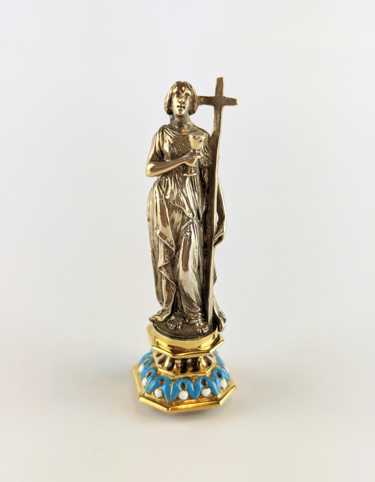 Antique silver lady figurine holding cross wax seal