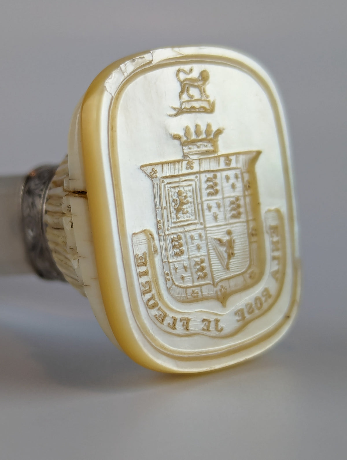 Closeup of mother of pearl antique wax seal