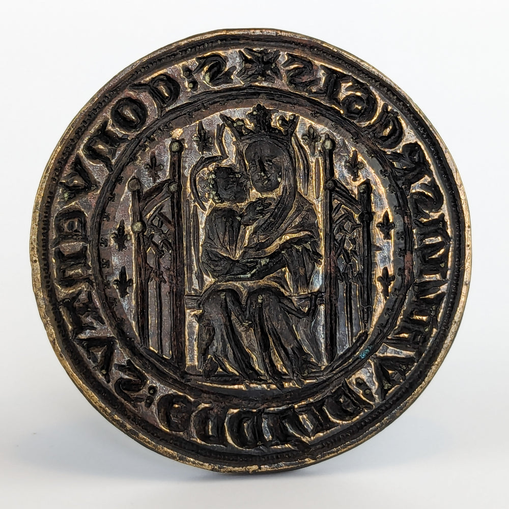 Bronze Medieval Style Virgin with Child Inscription Desk Seal