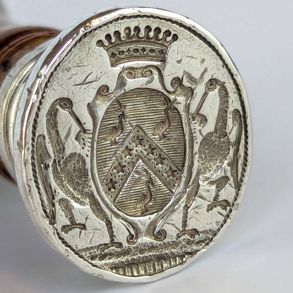 French c1770 Hardwood Marked Silver Armorial Desk Seal - Beauvert family