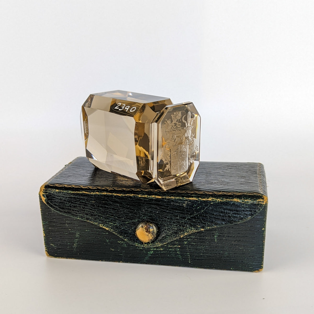 Smokey crystal antique desk seal with black leather case