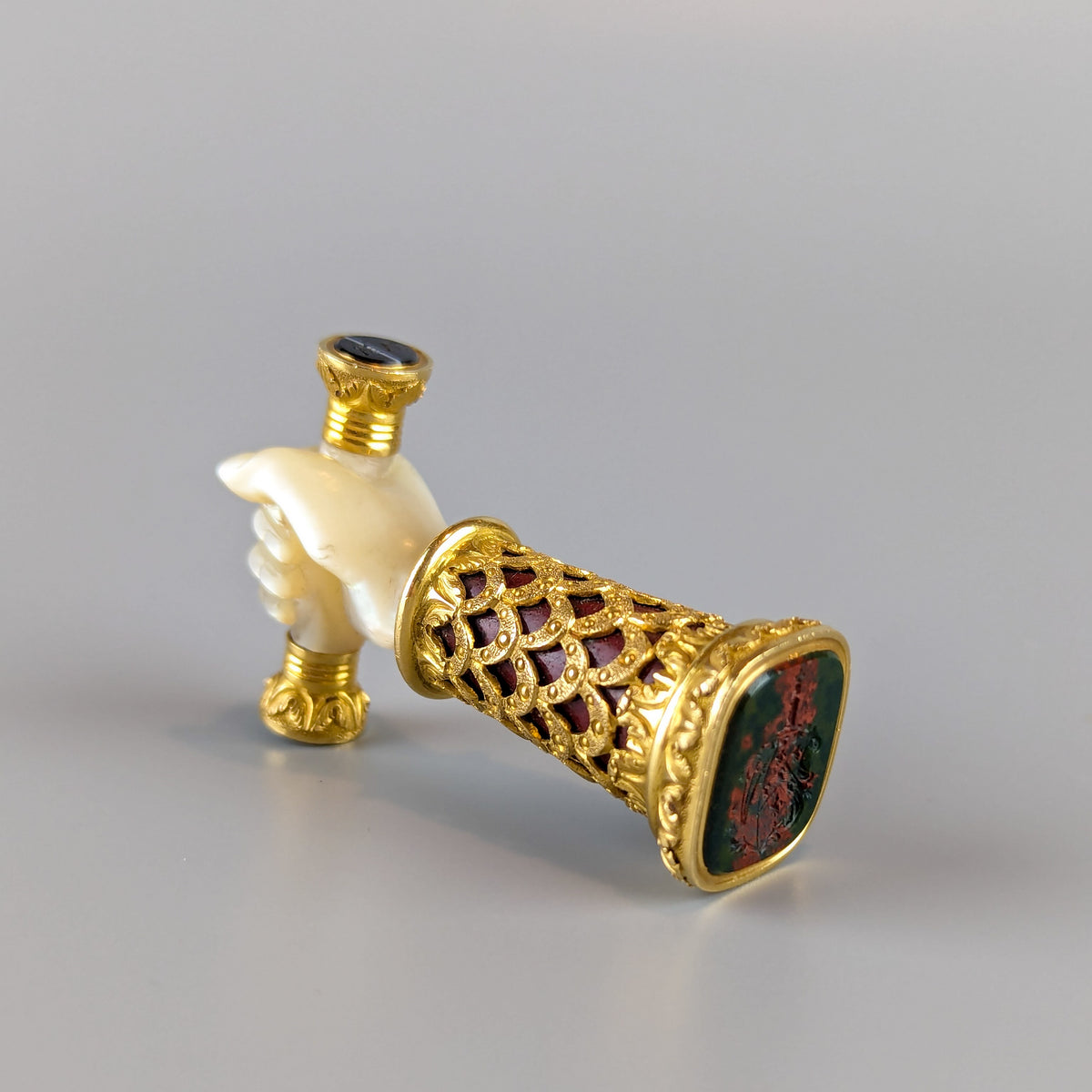 19thC Gold, Mother-o-Pearl & Hardstone "Hand" Desk Wax Seal