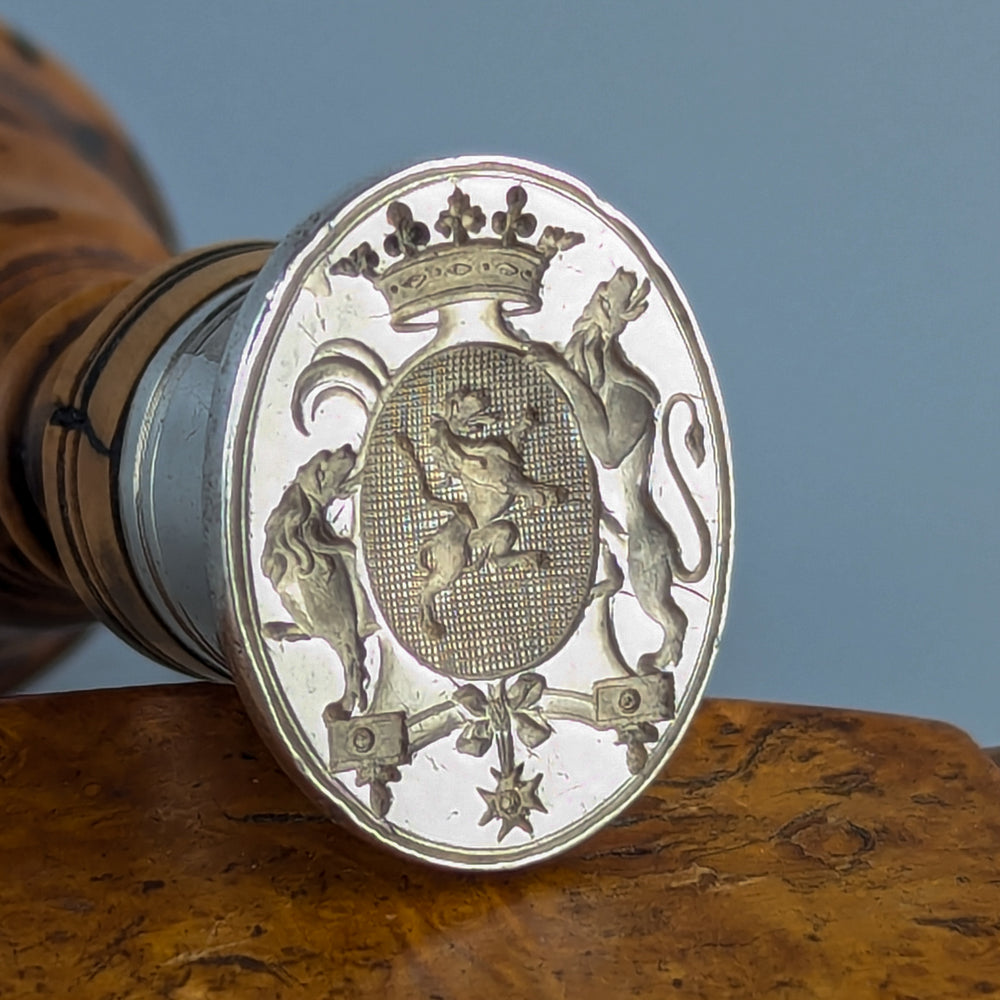 18thC French Silver & Rootwood Armorial Desk Seal