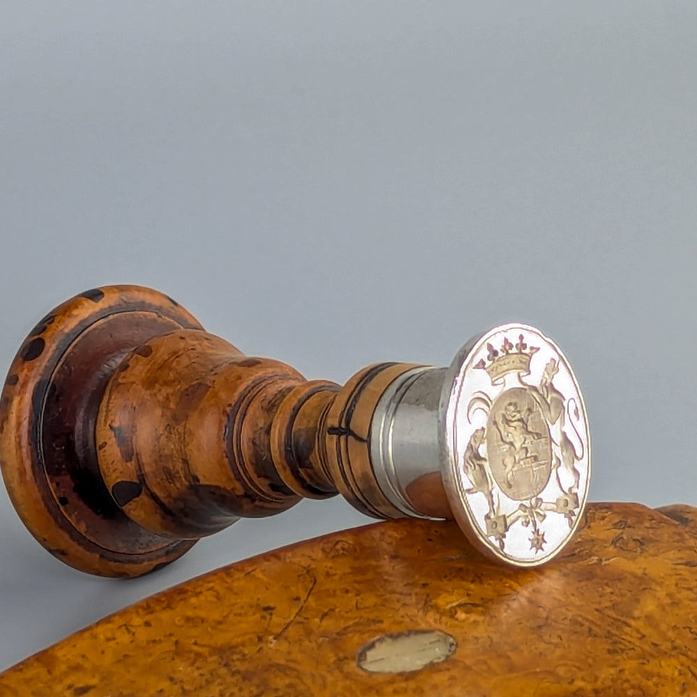 18thC French Silver & Rootwood Armorial Desk Seal