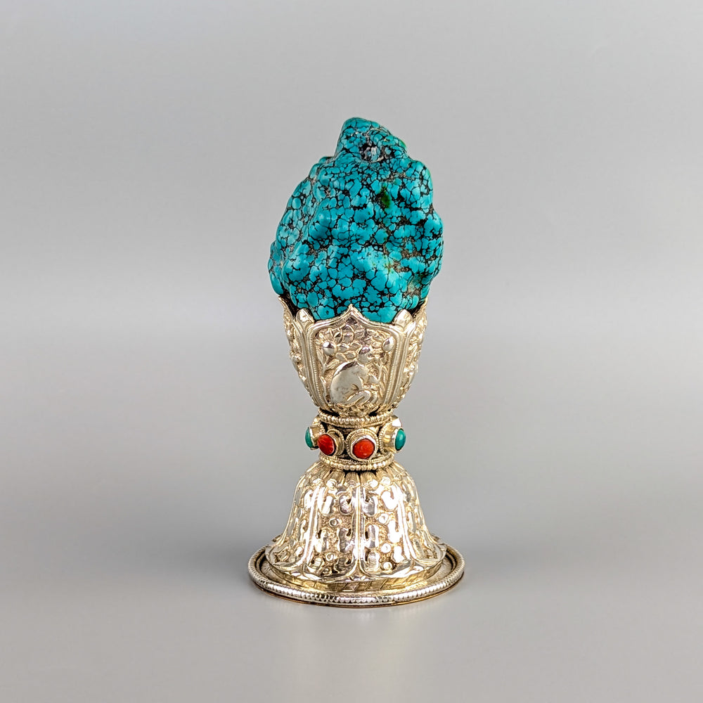 Massive Turquoise, Silver & Hardstone Decorative Desk Seal