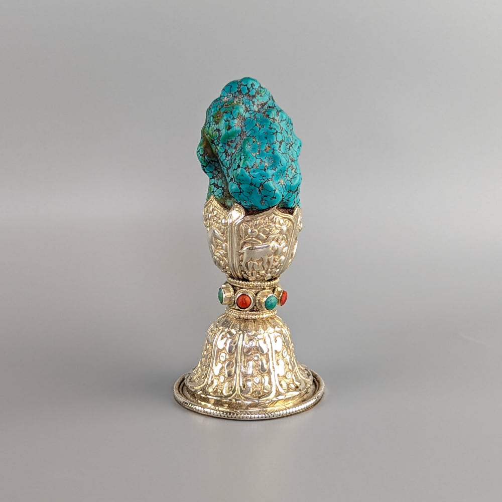 Massive Turquoise, Silver & Hardstone Decorative Desk Seal