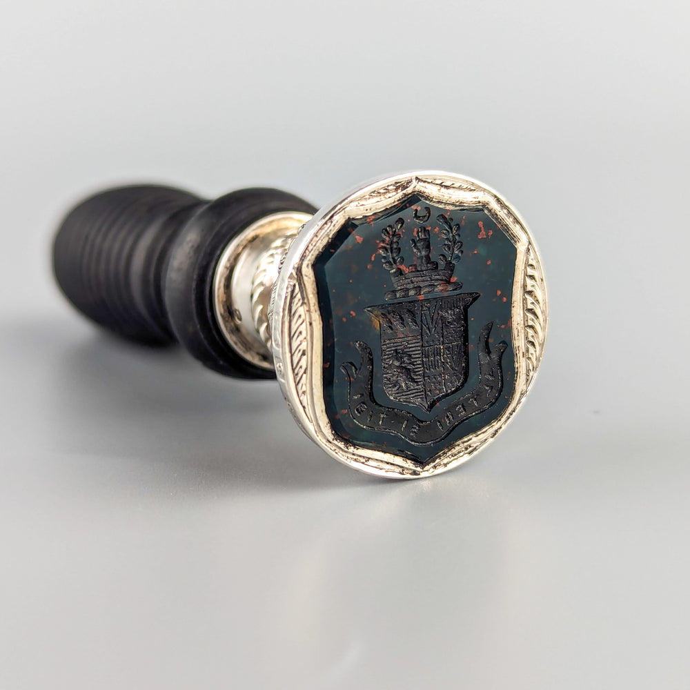 Early 20thC Ebony, Silver & Hardstone Armorial Desk Seal - HARVEY