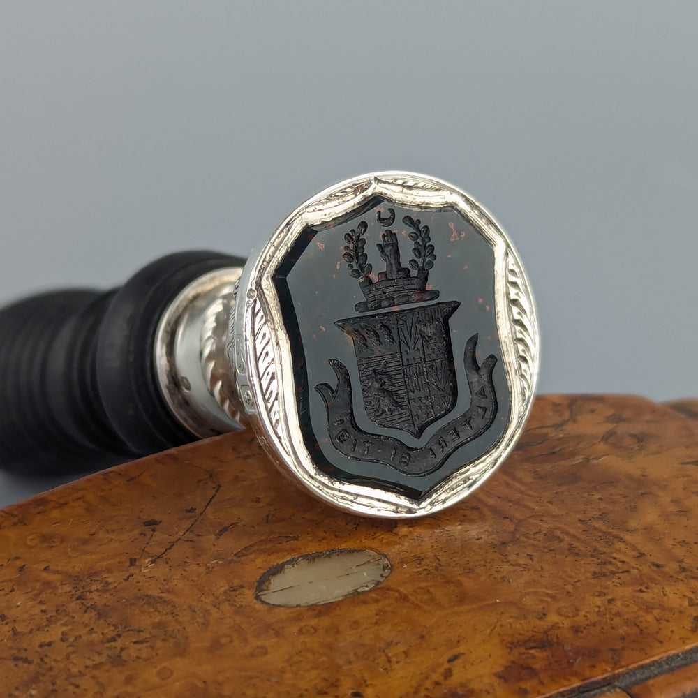 Early 20thC Ebony, Silver & Hardstone Armorial Desk Seal - HARVEY