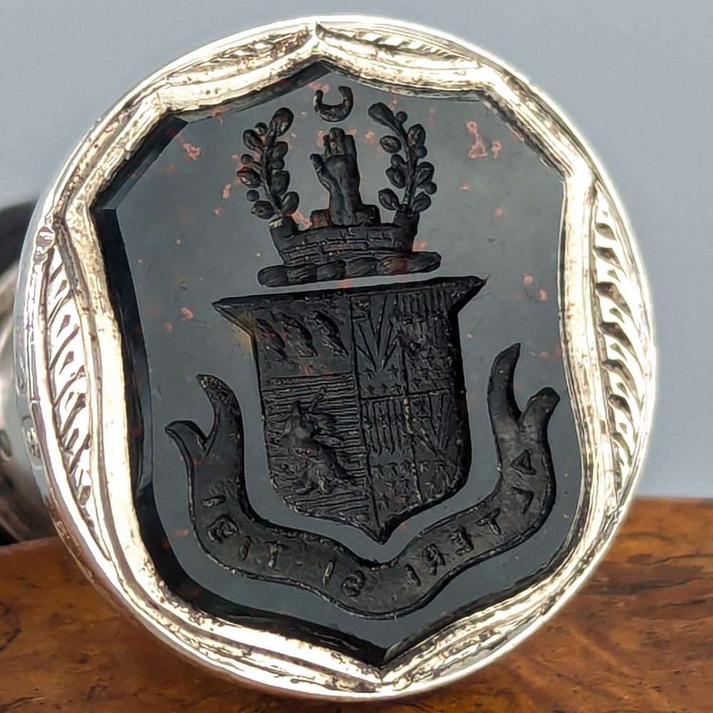 Early 20thC Ebony, Silver & Hardstone Armorial Desk Seal - HARVEY