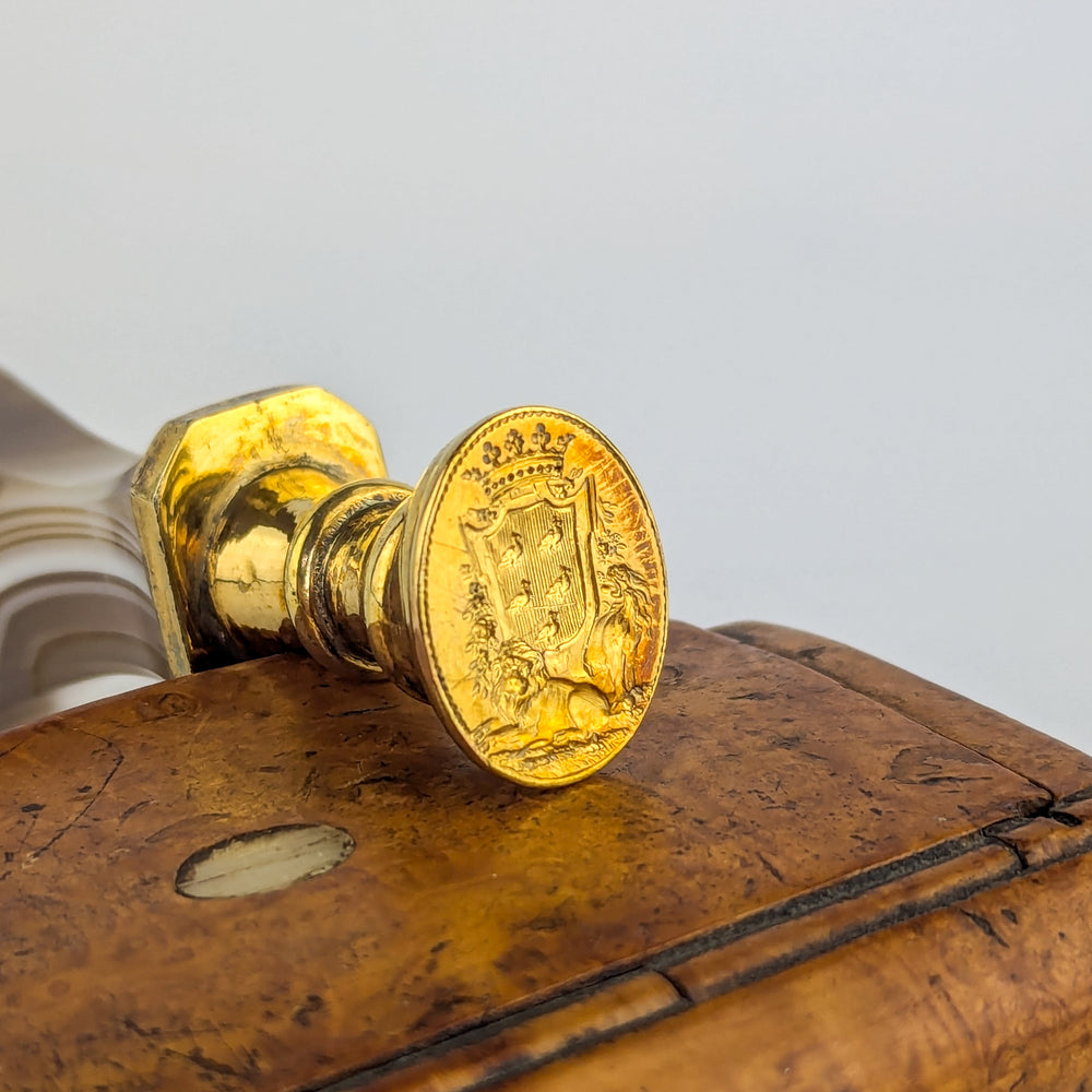 19thC Gold Mounted Agate Armorial Desk Wax Seal