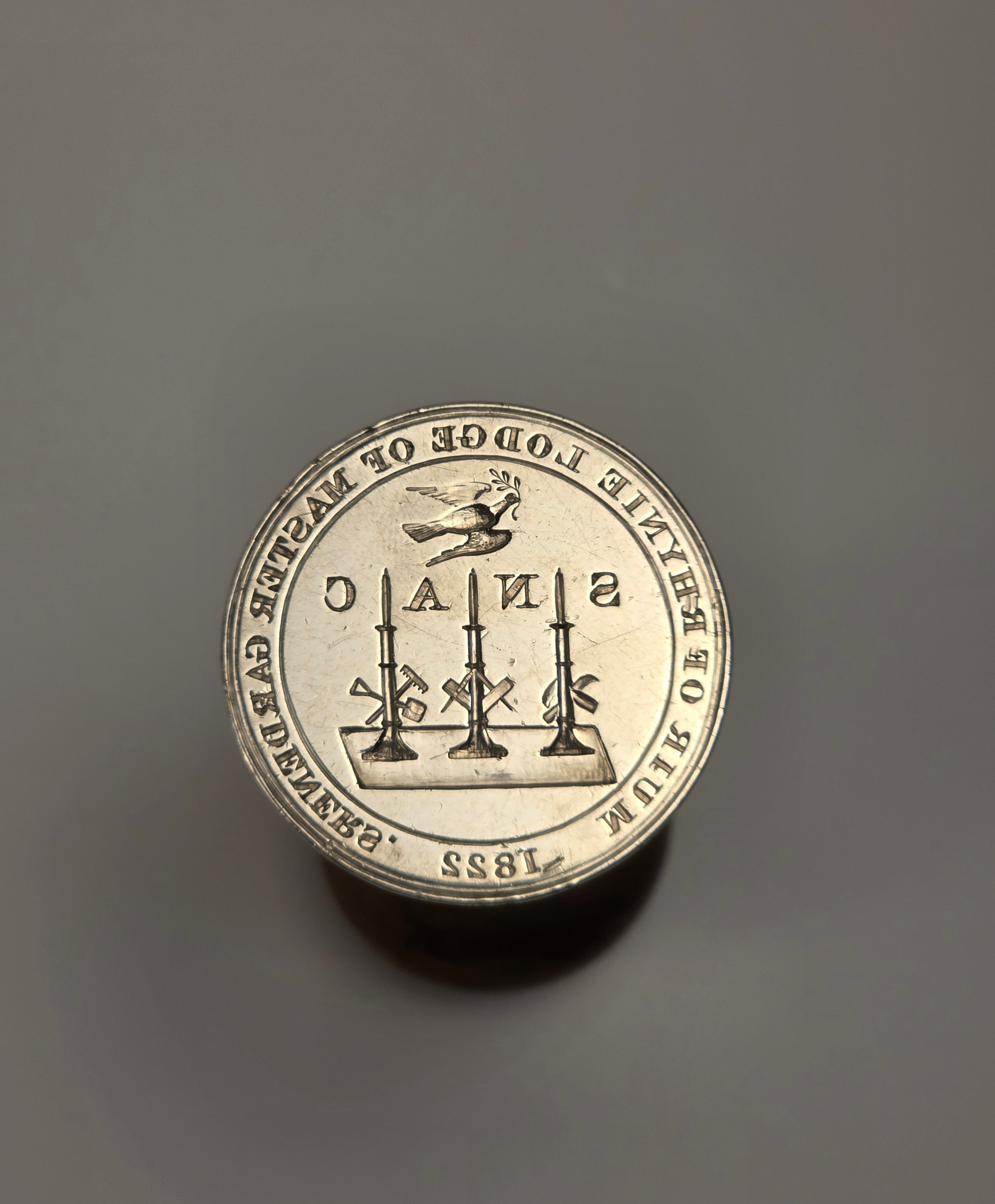 A SCOTTISH PROVINCIAL 19THC WOOD AND SILVER MASONIC DESK SEAL