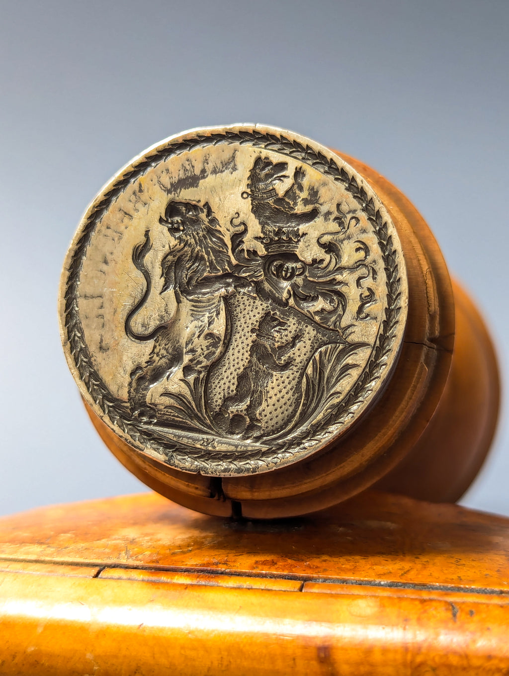 Large Superb Early 19thC Swiss Boxwood & Silver Armorial Desk Seal