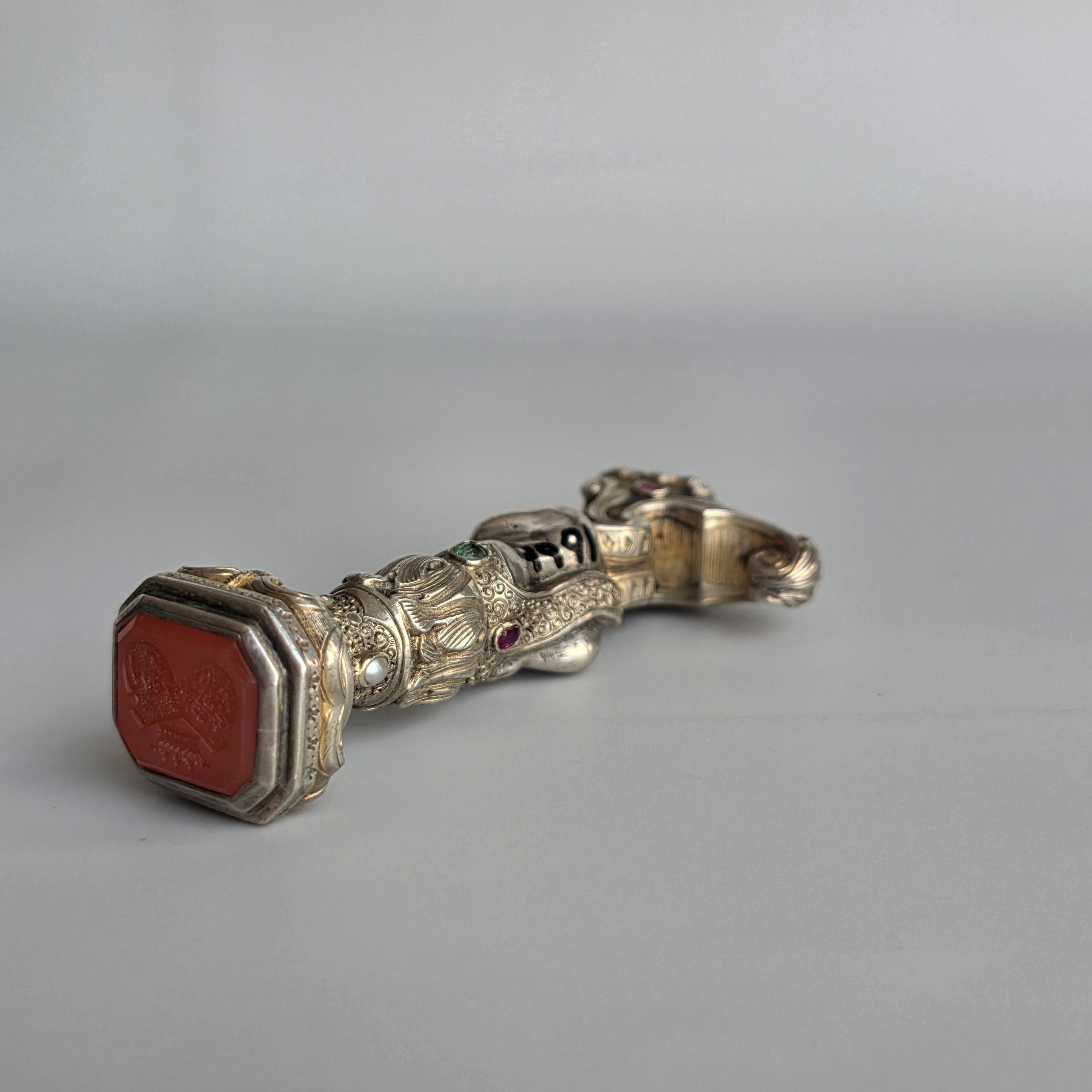 19THC ALLIANCED ARMORIAL SILVER, GILT AND JEWELLED DESK SEAL