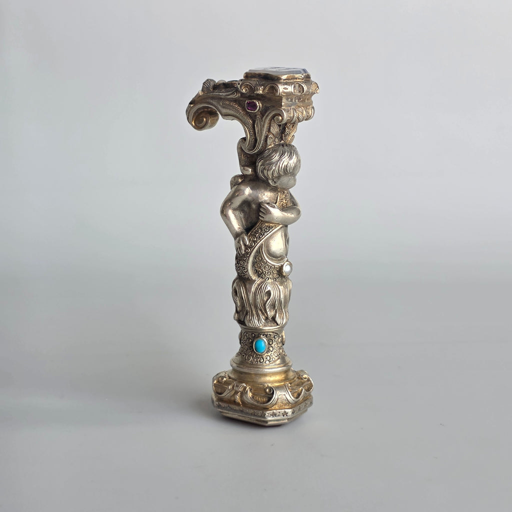 19THC ALLIANCED ARMORIAL SILVER, GILT AND JEWELLED DESK SEAL