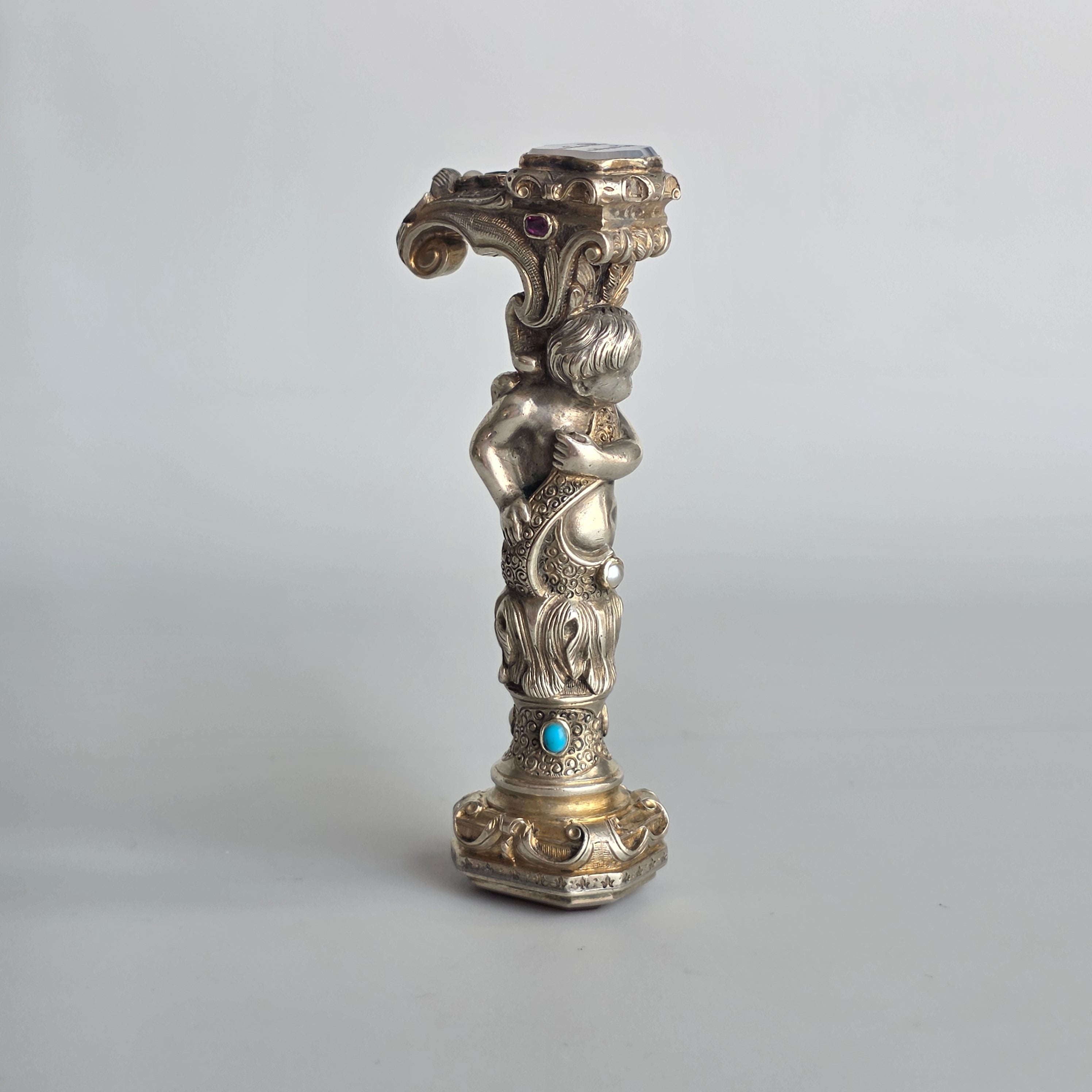 19THC ALLIANCED ARMORIAL SILVER, GILT AND JEWELLED DESK SEAL