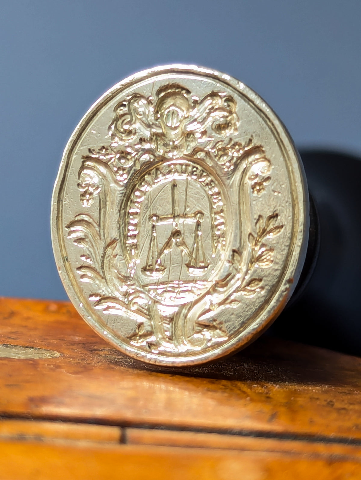 Late 18thC French, Ebony & Silver Armorial, Motto Desk Seal - MENSURA PONDUS