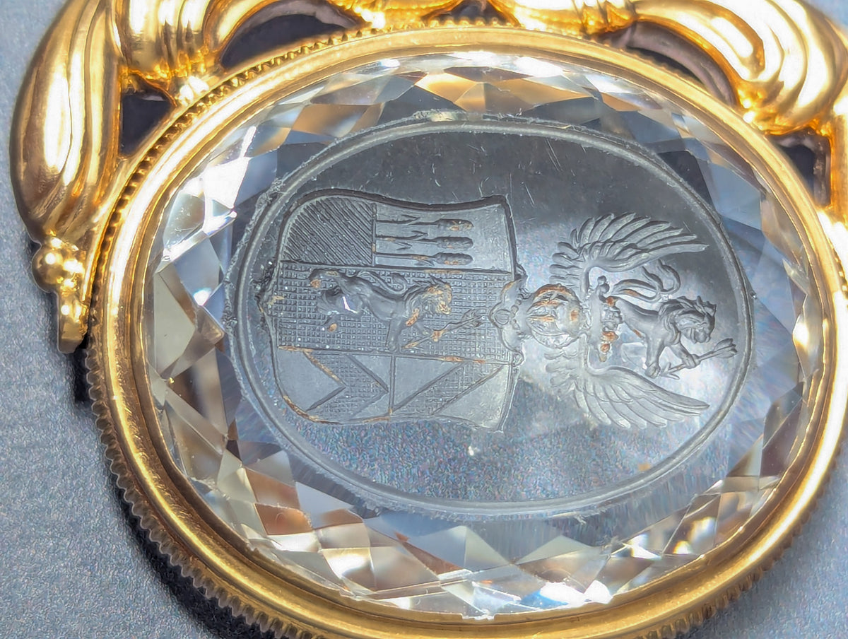Early 19thC Continental Gilt and Crystal Armorial Spinning Fob Seal & Pendant
