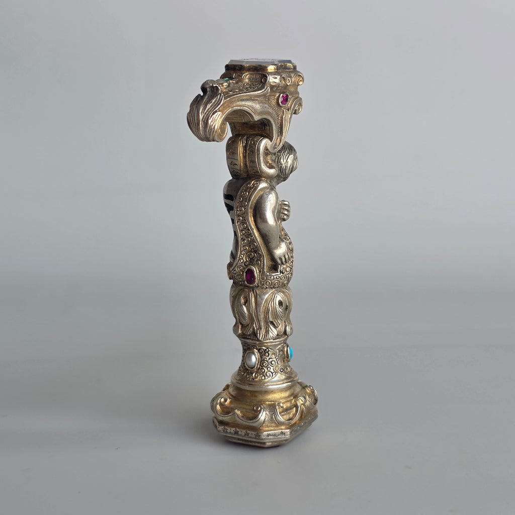 19THC ALLIANCED ARMORIAL SILVER, GILT AND JEWELLED DESK SEAL