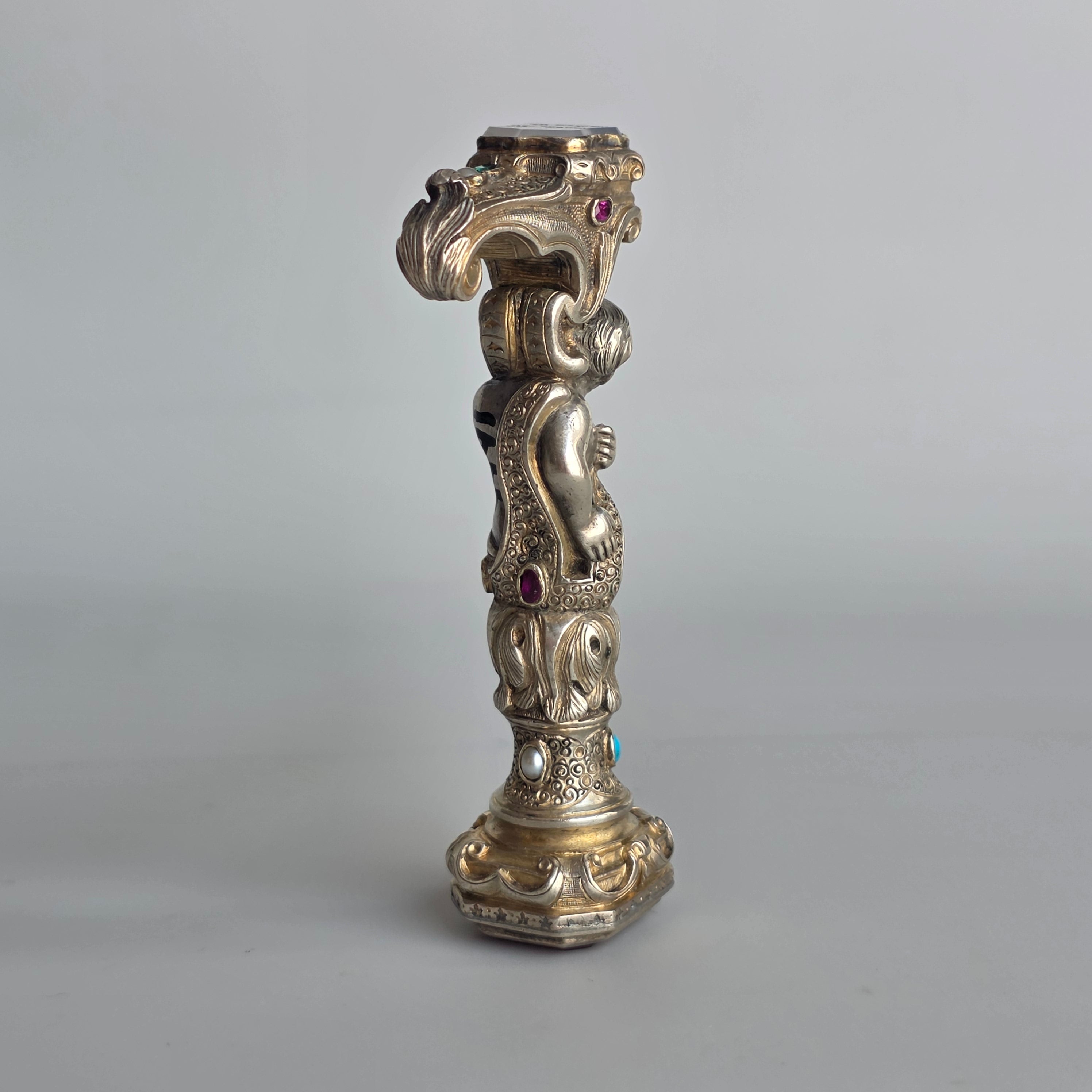 19THC ALLIANCED ARMORIAL SILVER, GILT AND JEWELLED DESK SEAL