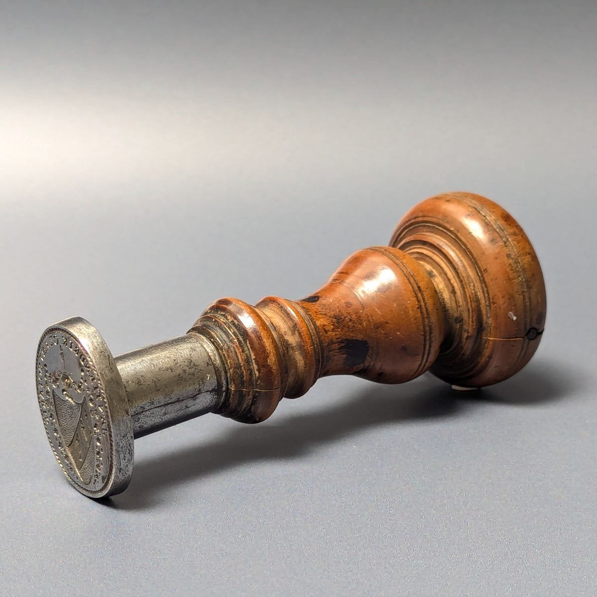 18thC Dutch Flemish Wood Steel Personal Armorial Desk Seal