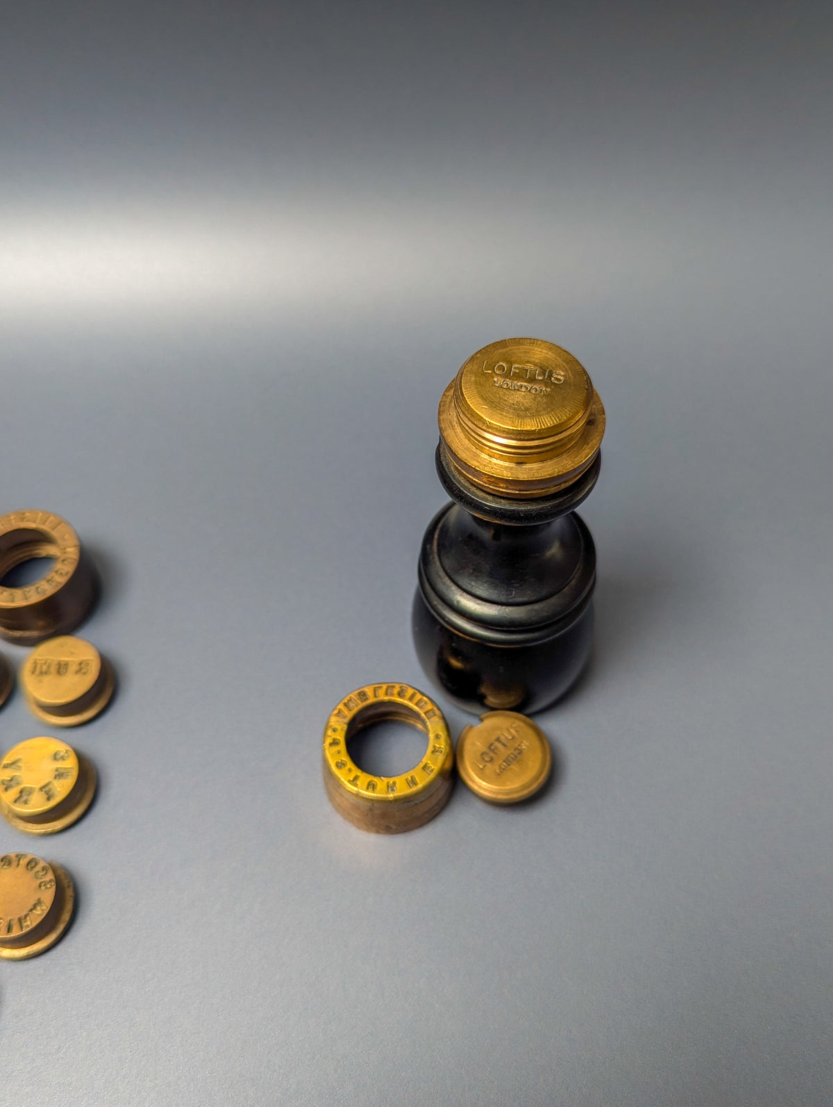 Early Ebony Brass Vitners / Ambleside Interchangeable Desk Seal - 7x Alcohol Matrices