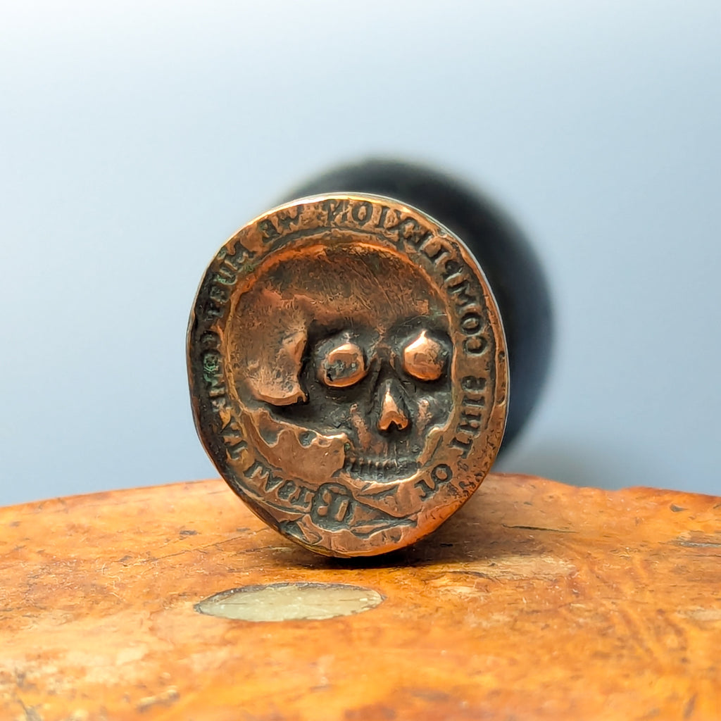 19thC Ebony Brass & Copper Skull Memento Mori Desk Seal