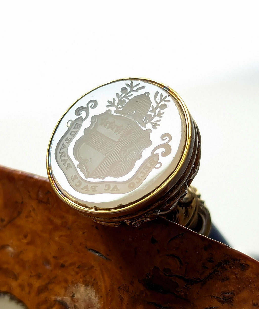 19thC Gold Mounted Hardstone Armorial Beehive Desk Seal - William Braikenridge