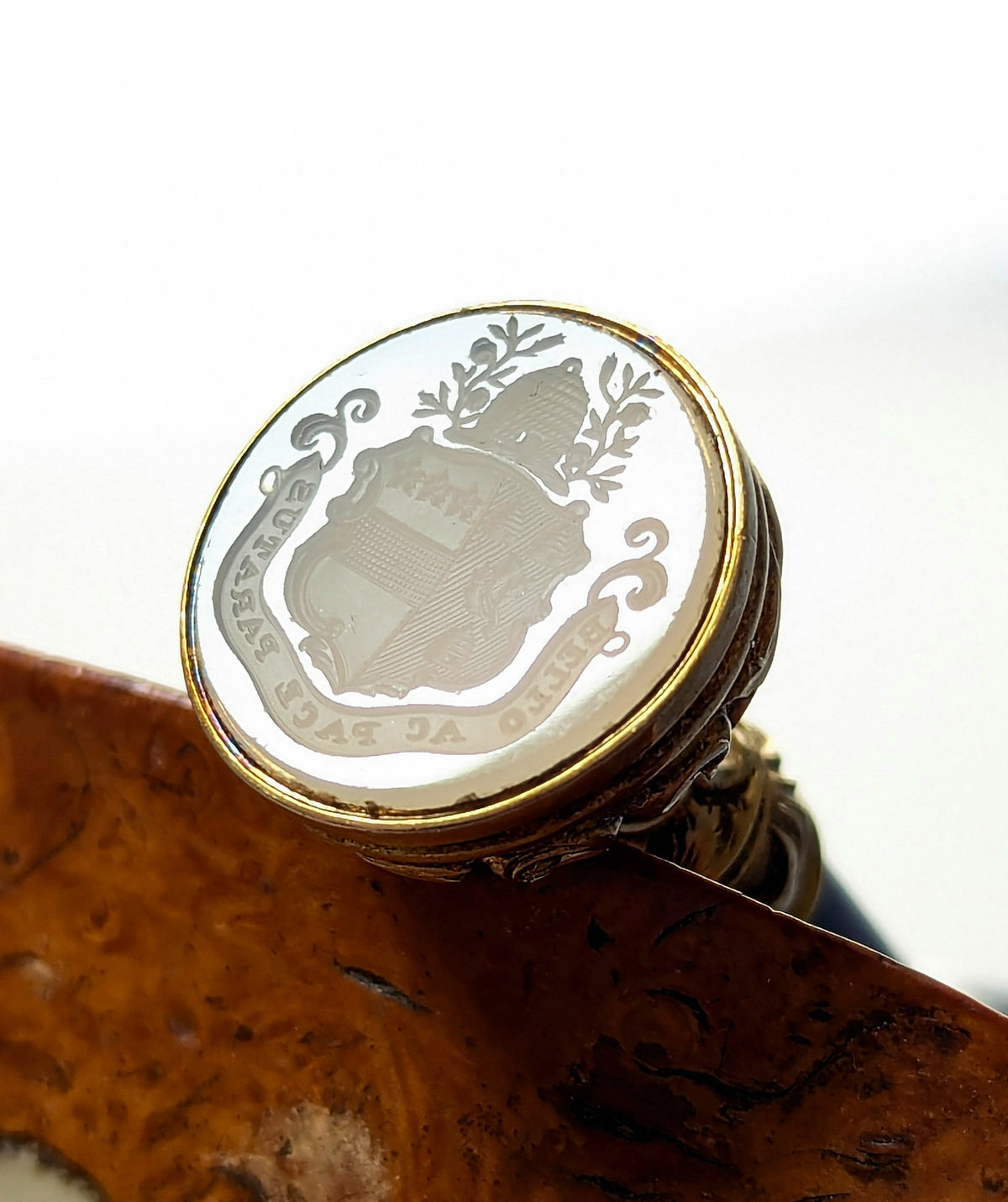 19thC Gold Mounted Hardstone Armorial Beehive Desk Seal - William Braikenridge