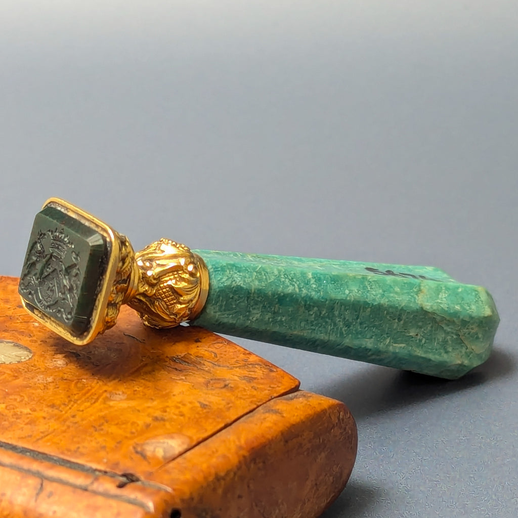 c1800 Gold Mounted French Chrysophrase Bloodstone Desk Seal - Duc de Roquelaure